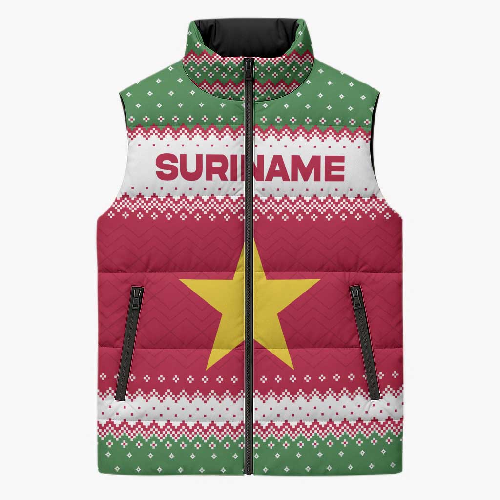 Suriname Christmas Sleeveless Puffer Jacket with Red-Green Knit Pattern, Yellow Star, and Santa Leopard Motif - Wonder Print Shop