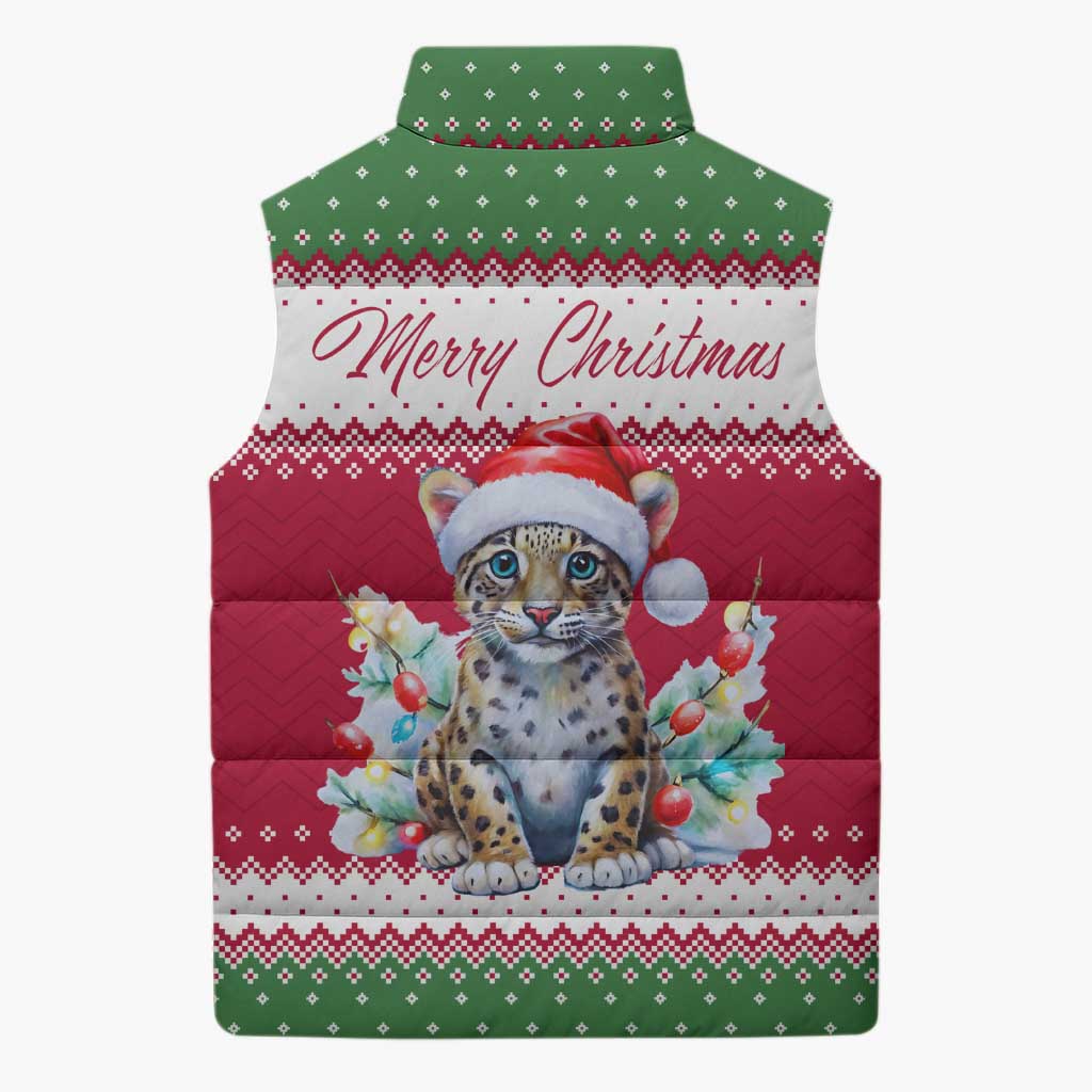 Suriname Christmas Sleeveless Puffer Jacket with Red-Green Knit Pattern, Yellow Star, and Santa Leopard Motif - Wonder Print Shop