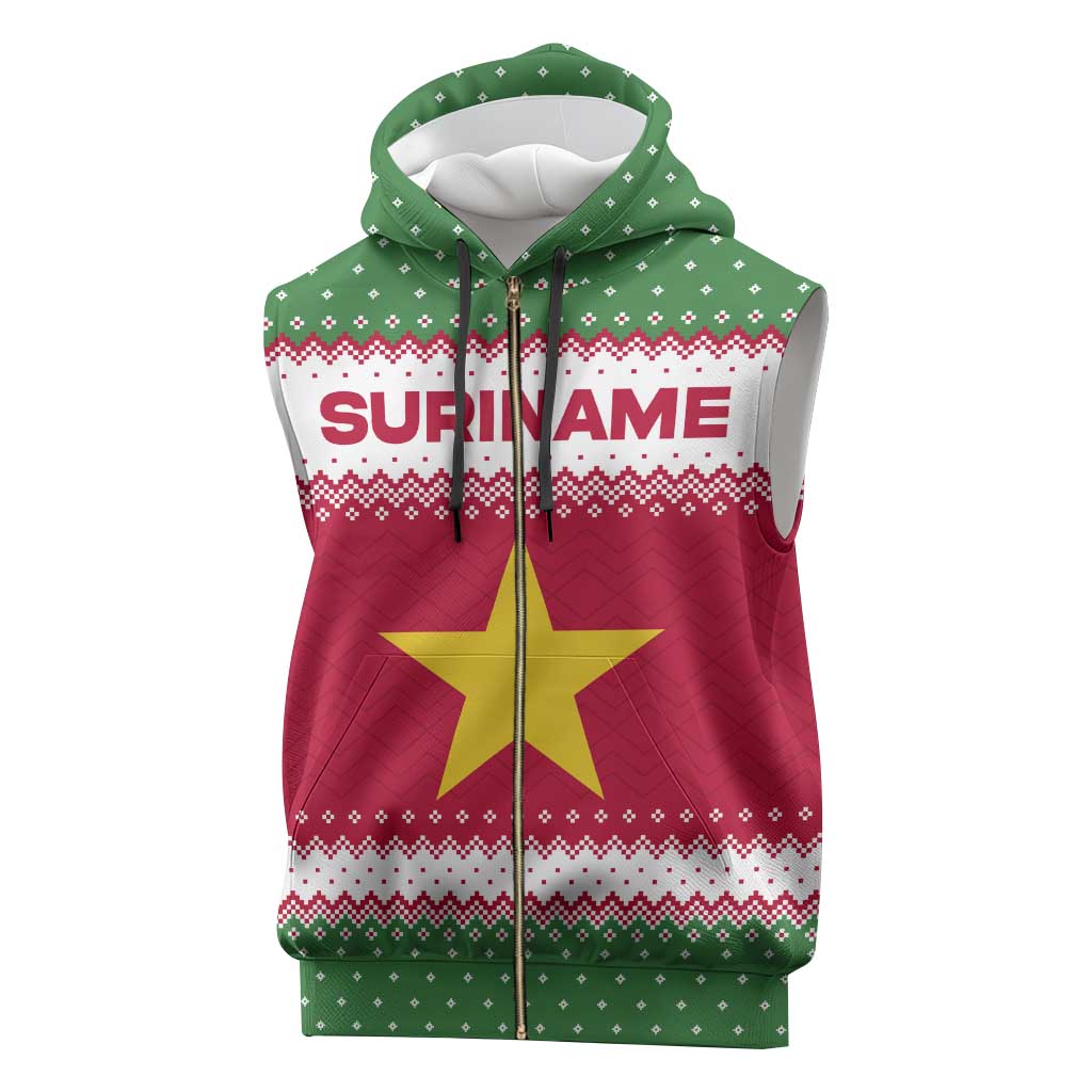 Suriname Christmas Sleeveless Zip Hoodie with Red-Green Knit Pattern, Yellow Star, and Santa Leopard Motif - Wonder Print Shop