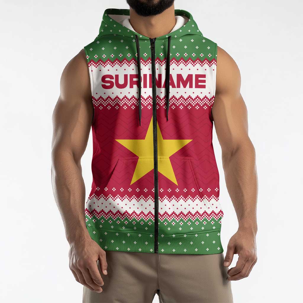 Suriname Christmas Sleeveless Zip Hoodie with Red-Green Knit Pattern, Yellow Star, and Santa Leopard Motif - Wonder Print Shop