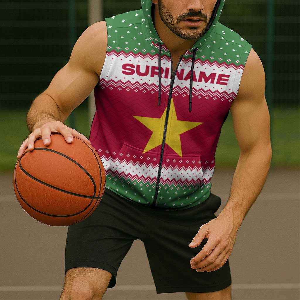 Suriname Christmas Sleeveless Zip Hoodie with Red-Green Knit Pattern, Yellow Star, and Santa Leopard Motif - Wonder Print Shop