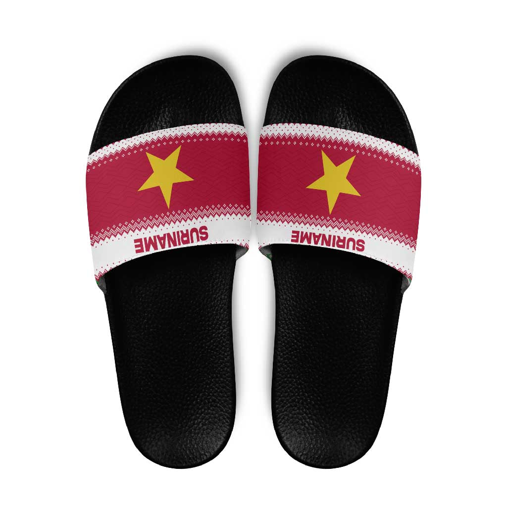 Suriname Christmas Slide Sandals with Red-Green Knit Pattern, Yellow Star, and Santa Leopard Motif - Wonder Print Shop