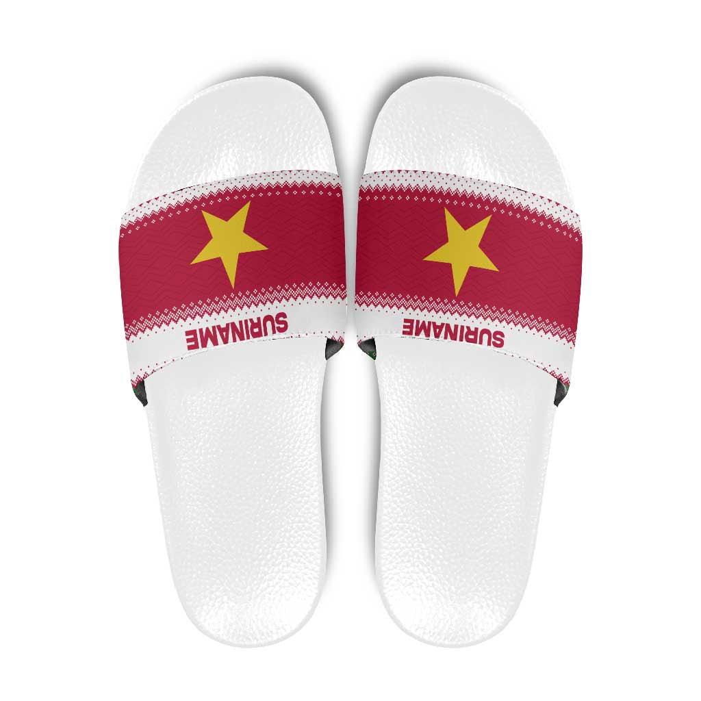 Suriname Christmas Slide Sandals with Red-Green Knit Pattern, Yellow Star, and Santa Leopard Motif - Wonder Print Shop