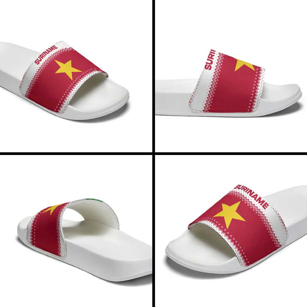 Suriname Christmas Slide Sandals with Red-Green Knit Pattern, Yellow Star, and Santa Leopard Motif - Wonder Print Shop