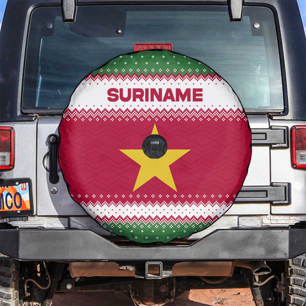 Suriname Christmas Spare Tire Cover with Red-Green Knit Pattern, Yellow Star, and Santa Leopard Motif - Wonder Print Shop