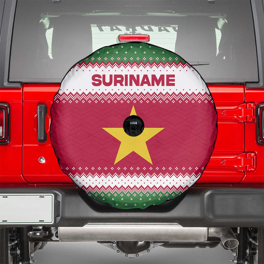 Suriname Christmas Spare Tire Cover with Red-Green Knit Pattern, Yellow Star, and Santa Leopard Motif - Wonder Print Shop
