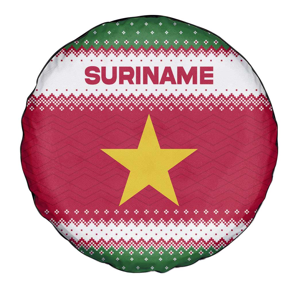 Suriname Christmas Spare Tire Cover with Red-Green Knit Pattern, Yellow Star, and Santa Leopard Motif - Wonder Print Shop