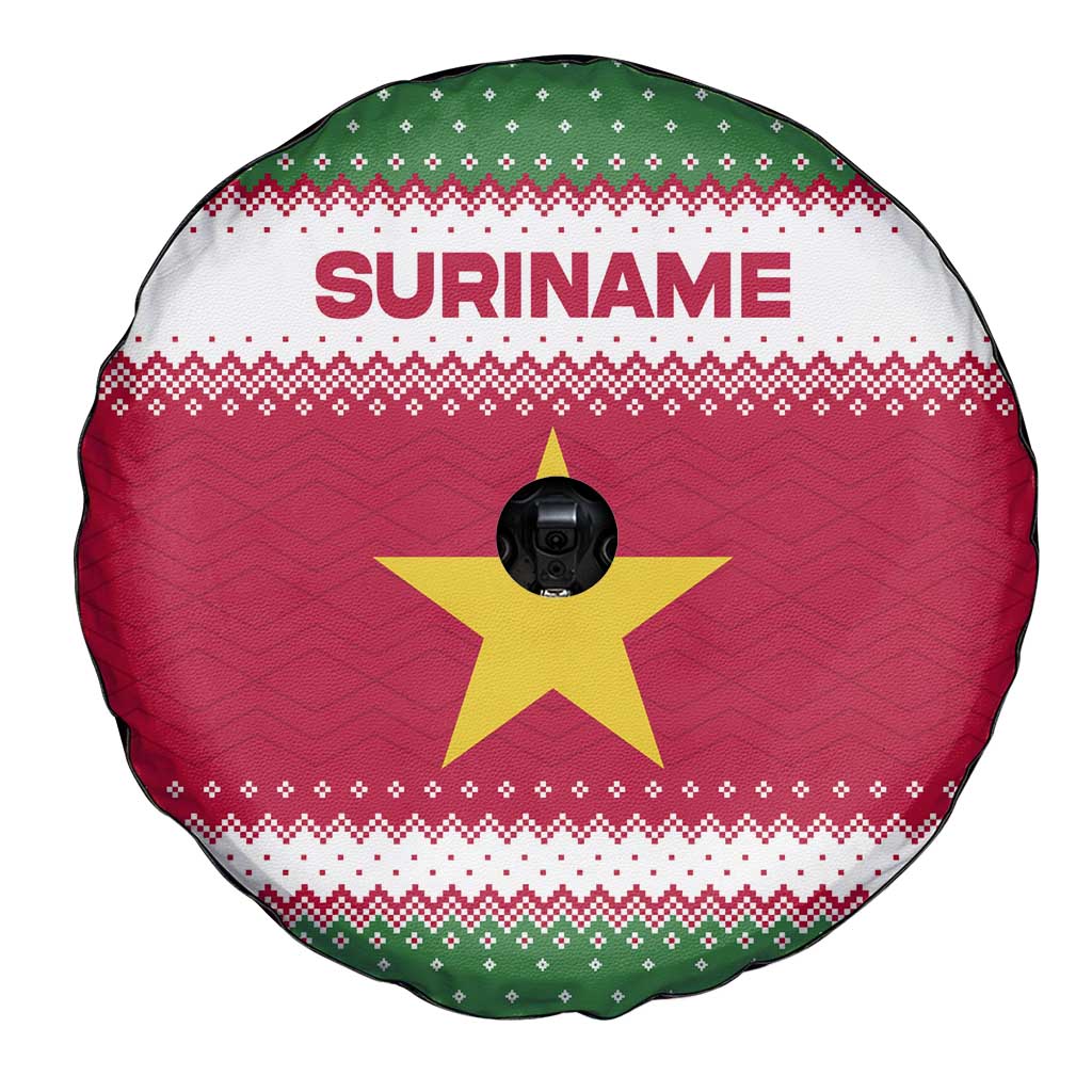 Suriname Christmas Spare Tire Cover with Red-Green Knit Pattern, Yellow Star, and Santa Leopard Motif - Wonder Print Shop