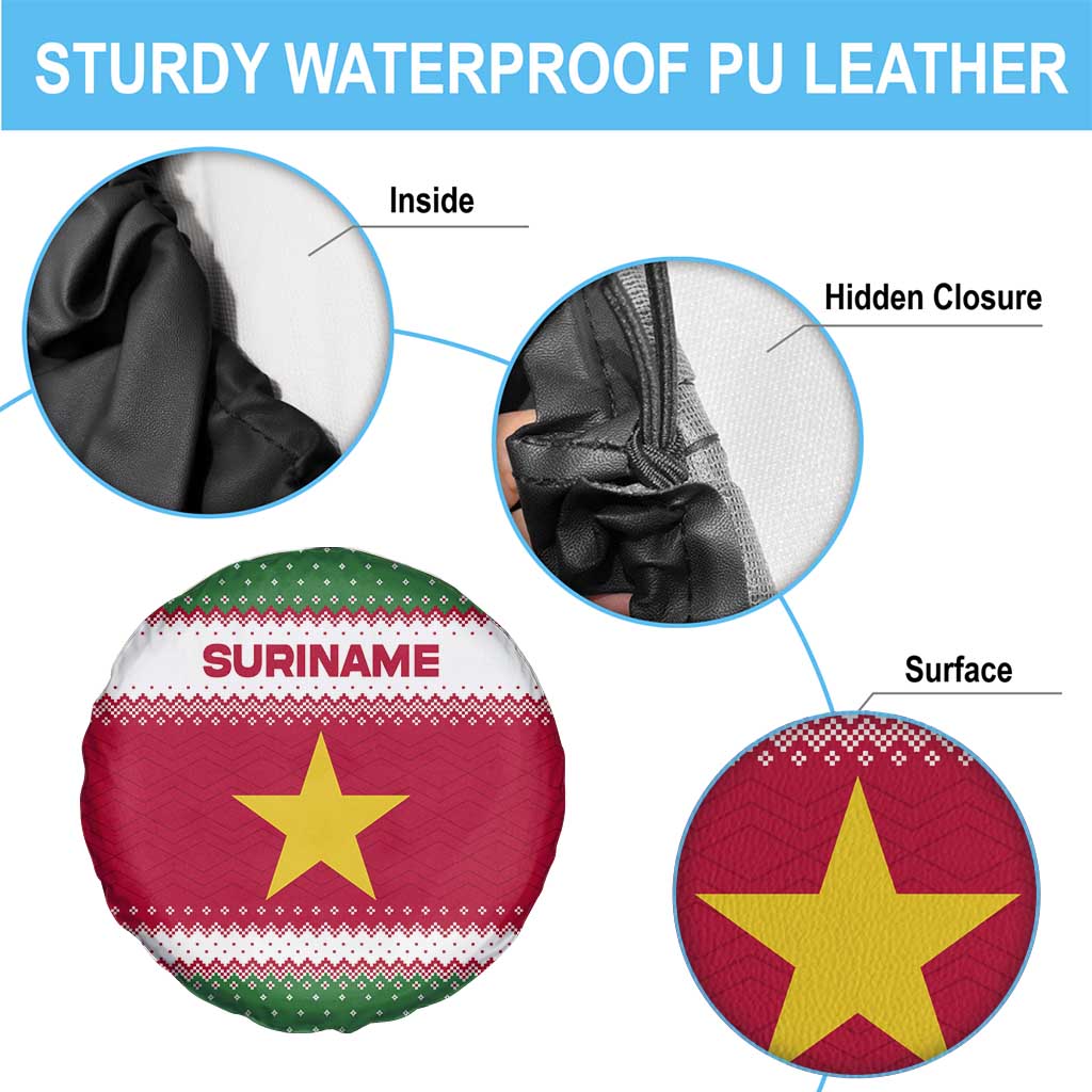 Suriname Christmas Spare Tire Cover with Red-Green Knit Pattern, Yellow Star, and Santa Leopard Motif - Wonder Print Shop