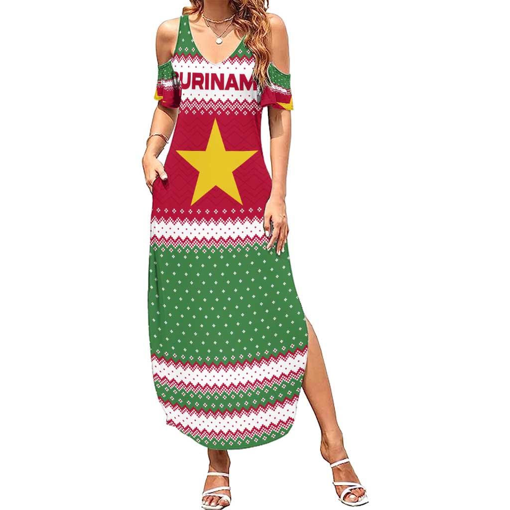 Suriname Christmas Summer Maxi Dress with Red-Green Knit Pattern, Yellow Star, and Santa Leopard Motif - Wonder Print Shop