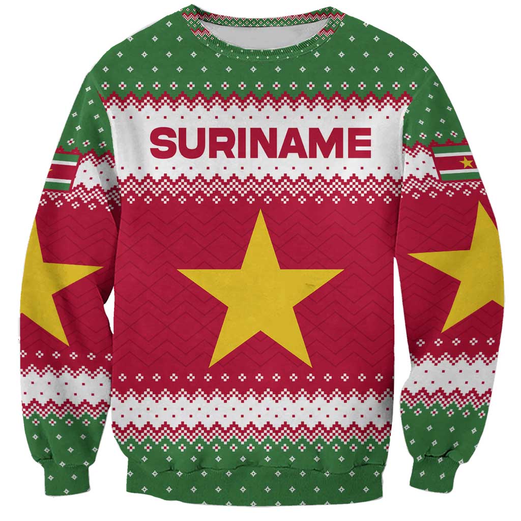 Suriname Christmas Sweatshirt with Red-Green Knit Pattern, Yellow Star, and Santa Leopard Motif - Wonder Print Shop
