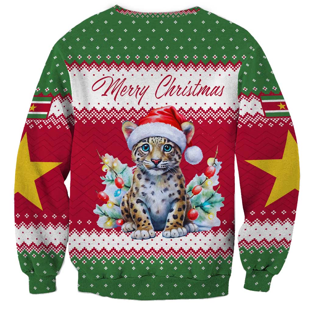 Suriname Christmas Sweatshirt with Red-Green Knit Pattern, Yellow Star, and Santa Leopard Motif - Wonder Print Shop
