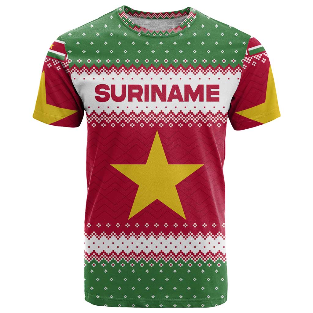 Suriname Christmas T Shirt with Red-Green Knit Pattern, Yellow Star, and Santa Leopard Motif - Wonder Print Shop