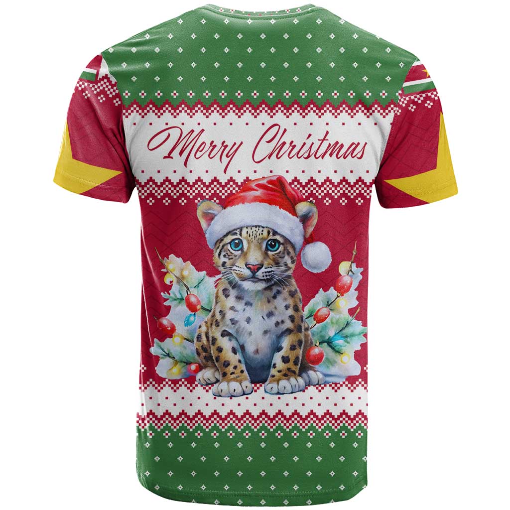Suriname Christmas T Shirt with Red-Green Knit Pattern, Yellow Star, and Santa Leopard Motif - Wonder Print Shop
