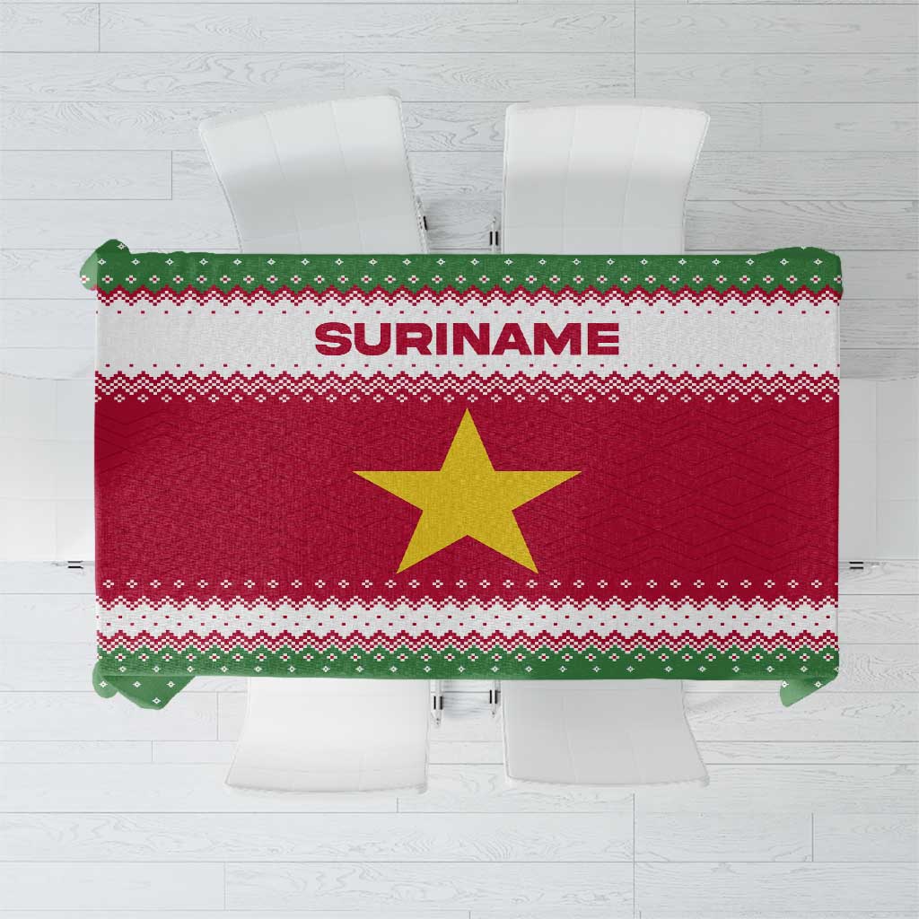 Suriname Christmas Tablecloth with Red-Green Knit Pattern, Yellow Star, and Santa Leopard Motif - Wonder Print Shop