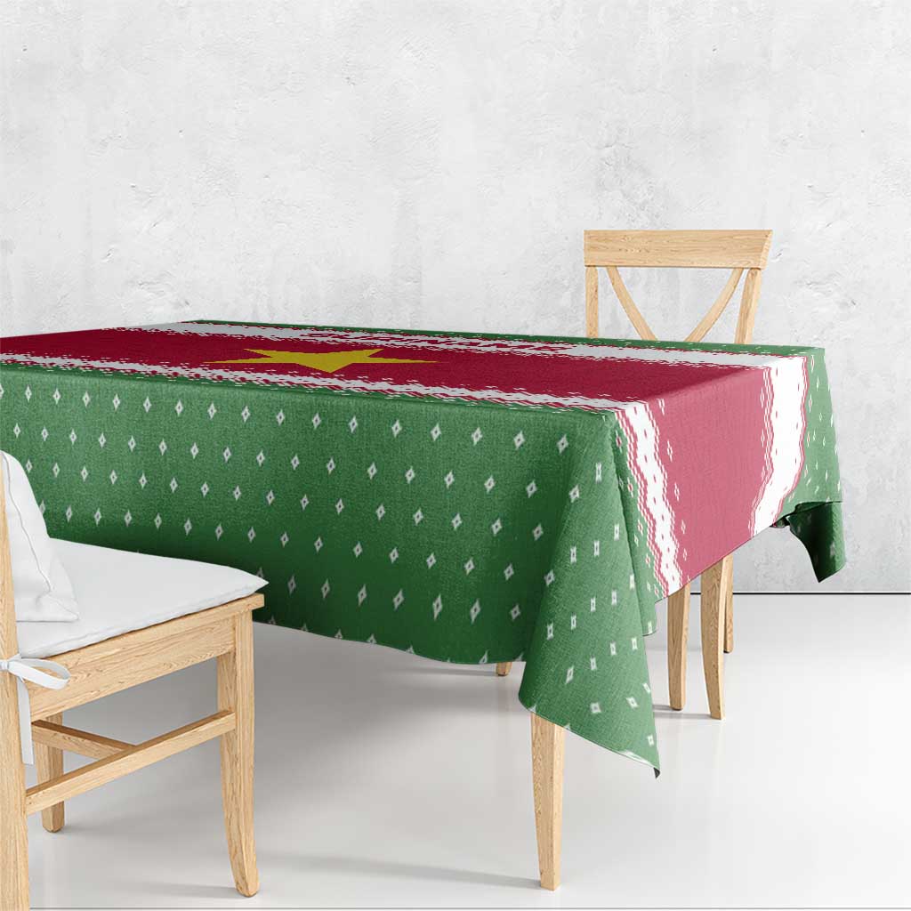Suriname Christmas Tablecloth with Red-Green Knit Pattern, Yellow Star, and Santa Leopard Motif - Wonder Print Shop