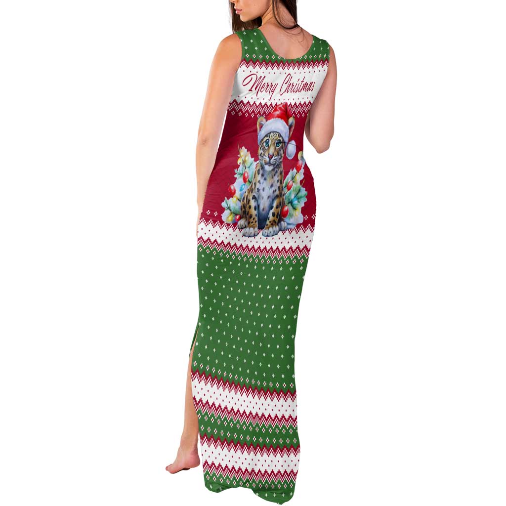 Suriname Christmas Tank Maxi Dress with Red-Green Knit Pattern, Yellow Star, and Santa Leopard Motif - Wonder Print Shop