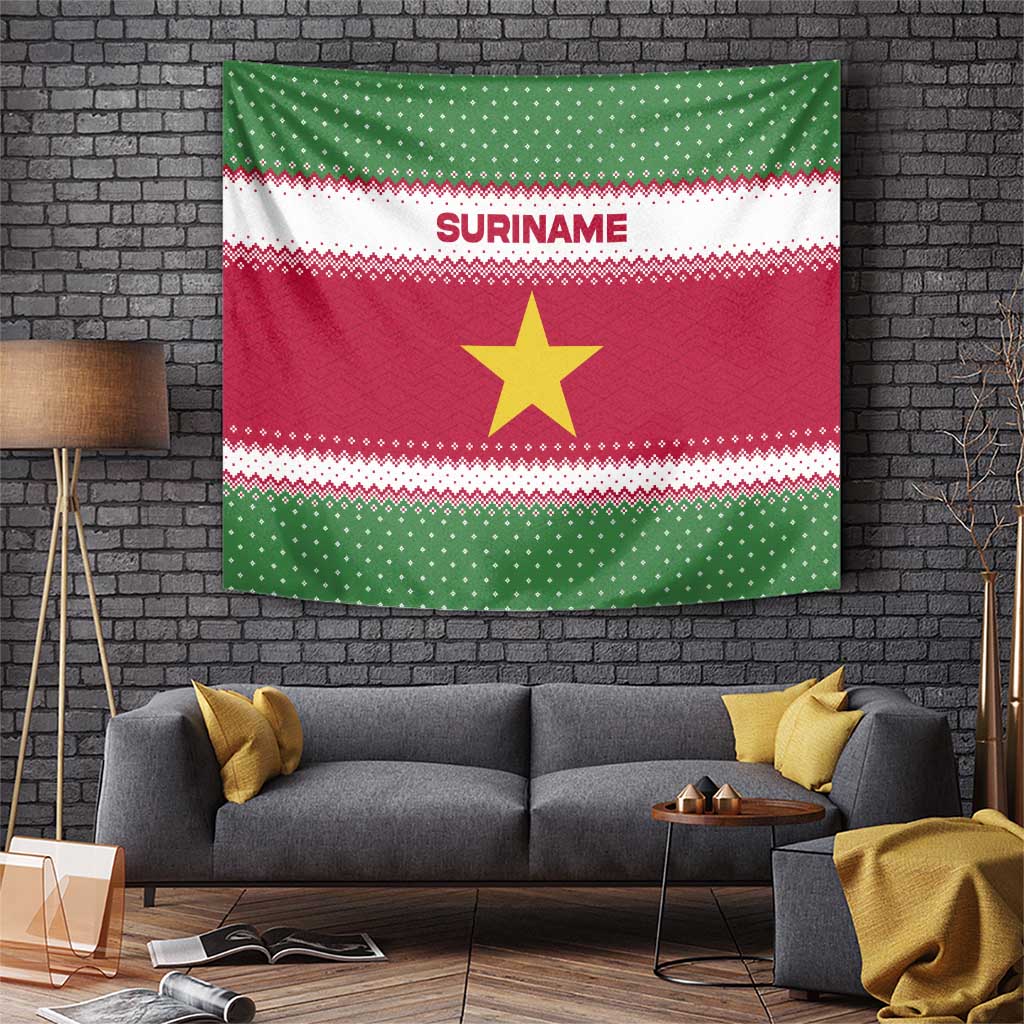 Suriname Christmas Tapestry with Red-Green Knit Pattern, Yellow Star, and Santa Leopard Motif - Wonder Print Shop