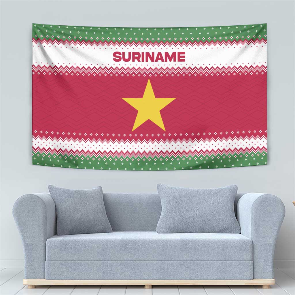 Suriname Christmas Tapestry with Red-Green Knit Pattern, Yellow Star, and Santa Leopard Motif - Wonder Print Shop