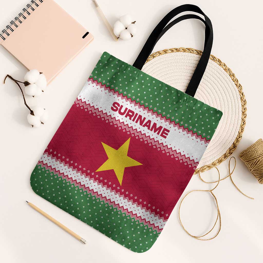 Suriname Christmas Tote Bag with Red-Green Knit Pattern, Yellow Star, and Santa Leopard Motif - Wonder Print Shop