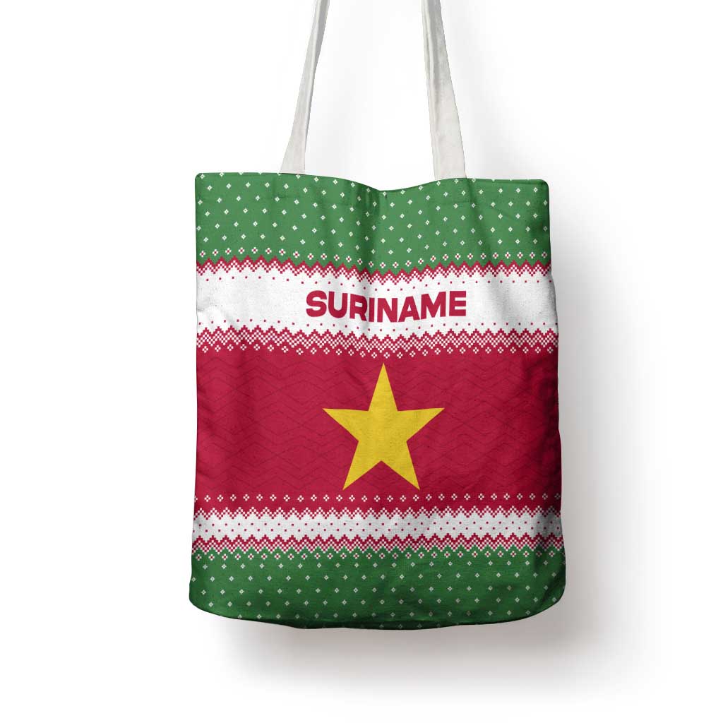Suriname Christmas Tote Bag with Red-Green Knit Pattern, Yellow Star, and Santa Leopard Motif - Wonder Print Shop