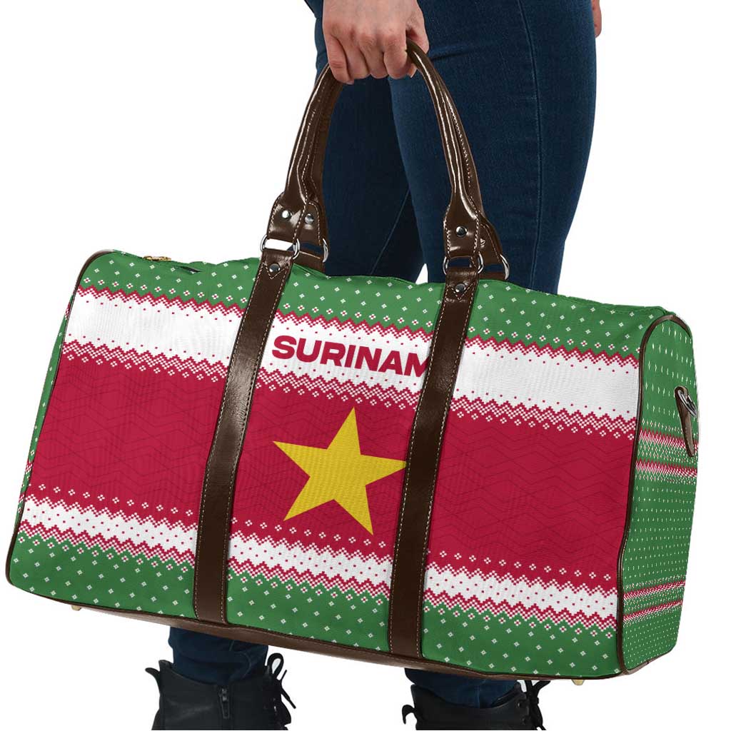 Suriname Christmas Travel Bag with Red-Green Knit Pattern, Yellow Star, and Santa Leopard Motif - Wonder Print Shop