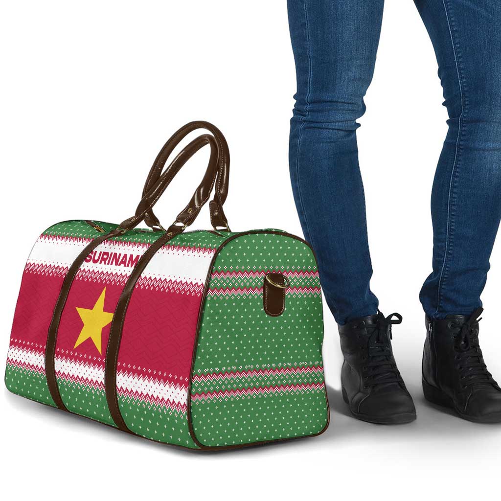 Suriname Christmas Travel Bag with Red-Green Knit Pattern, Yellow Star, and Santa Leopard Motif - Wonder Print Shop