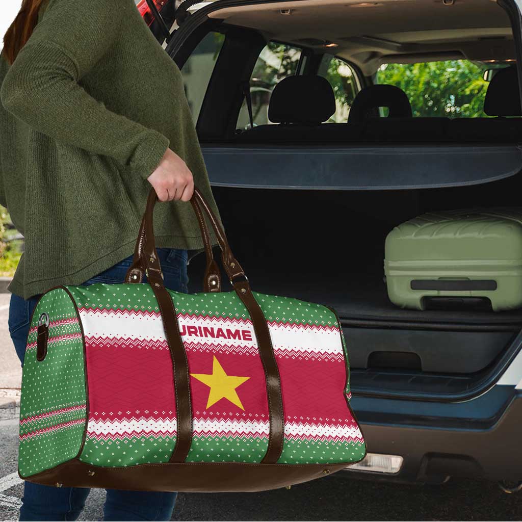 Suriname Christmas Travel Bag with Red-Green Knit Pattern, Yellow Star, and Santa Leopard Motif - Wonder Print Shop