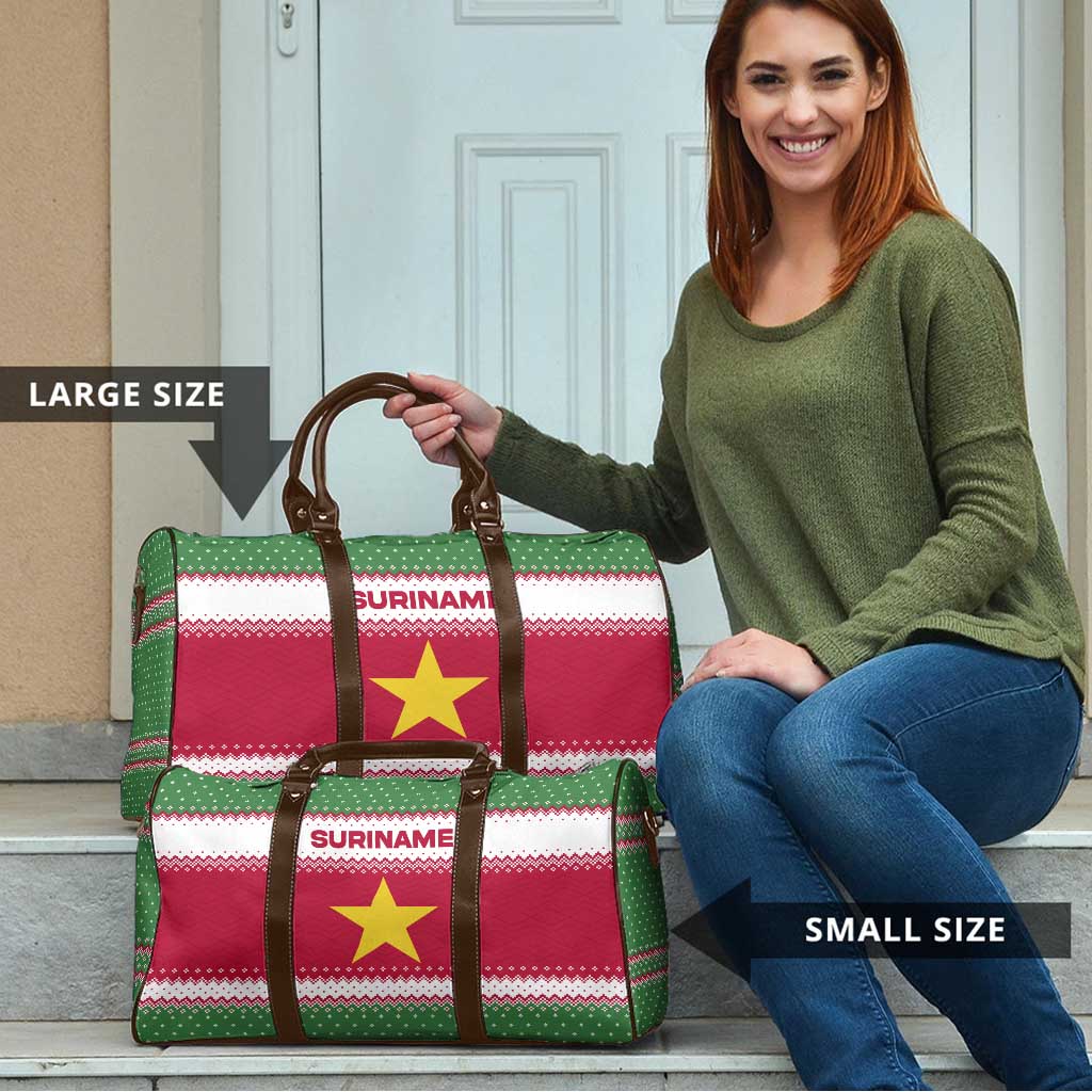 Suriname Christmas Travel Bag with Red-Green Knit Pattern, Yellow Star, and Santa Leopard Motif - Wonder Print Shop