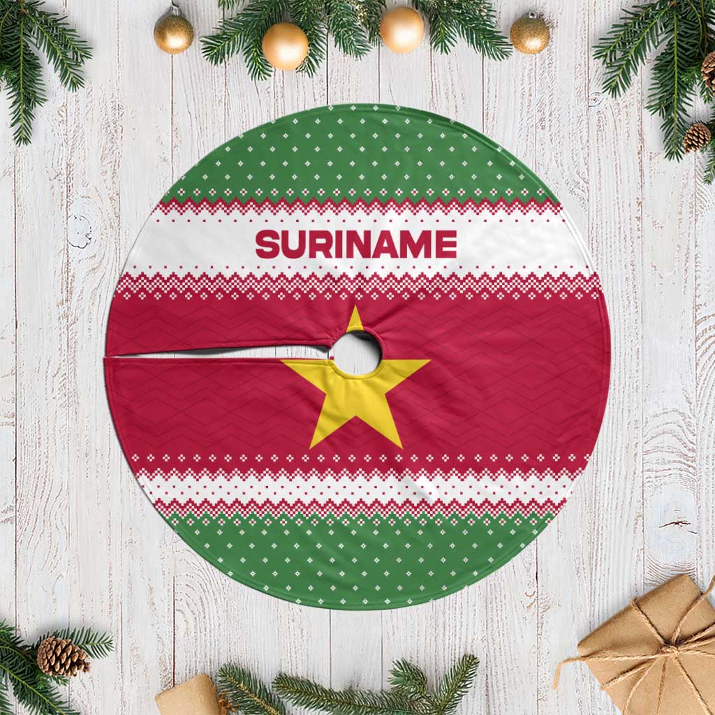 Suriname Christmas Tree Skirt with Red-Green Knit Pattern, Yellow Star, and Santa Leopard Motif - Wonder Print Shop