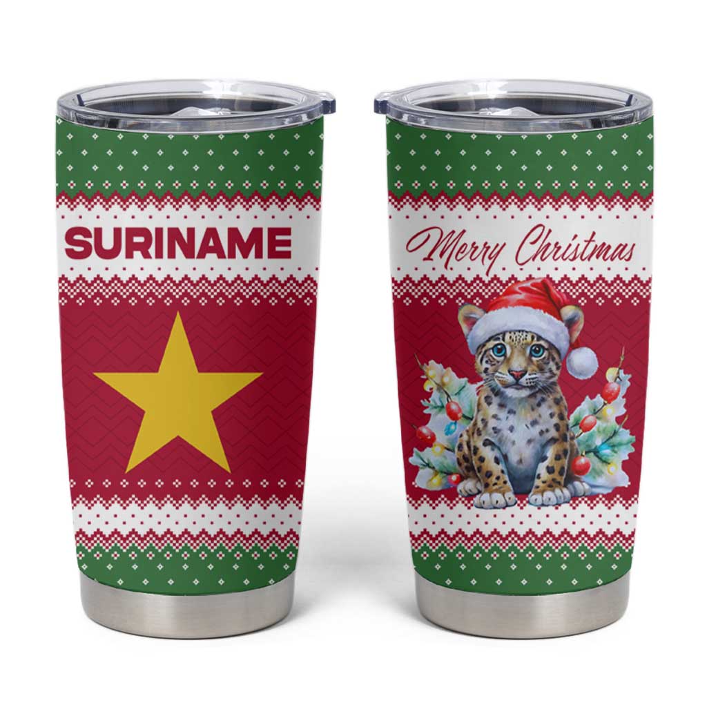 Suriname Christmas Tumbler Cup with Red-Green Knit Pattern, Yellow Star, and Santa Leopard Motif - Wonder Print Shop