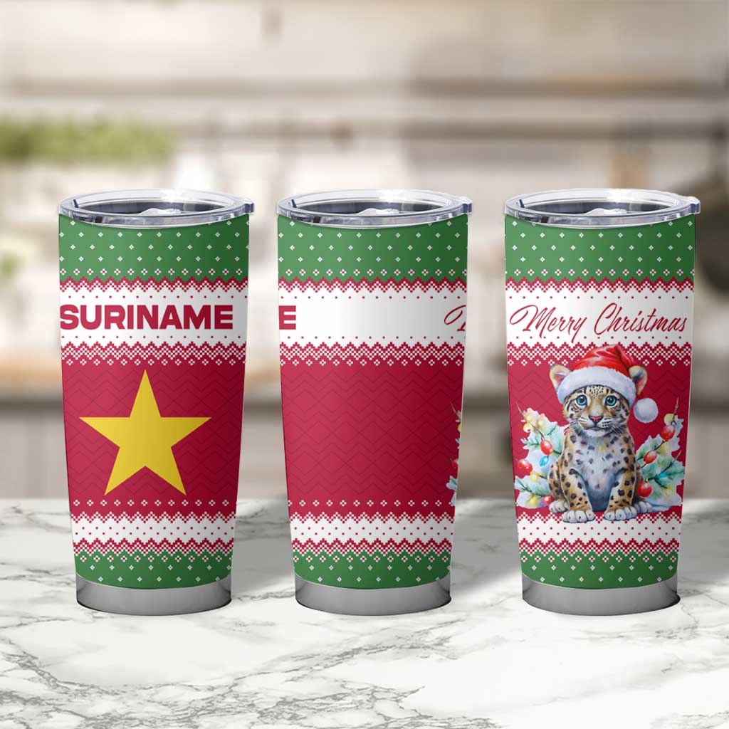 Suriname Christmas Tumbler Cup with Red-Green Knit Pattern, Yellow Star, and Santa Leopard Motif - Wonder Print Shop