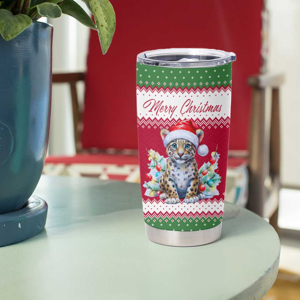 Suriname Christmas Tumbler Cup with Red-Green Knit Pattern, Yellow Star, and Santa Leopard Motif - Wonder Print Shop