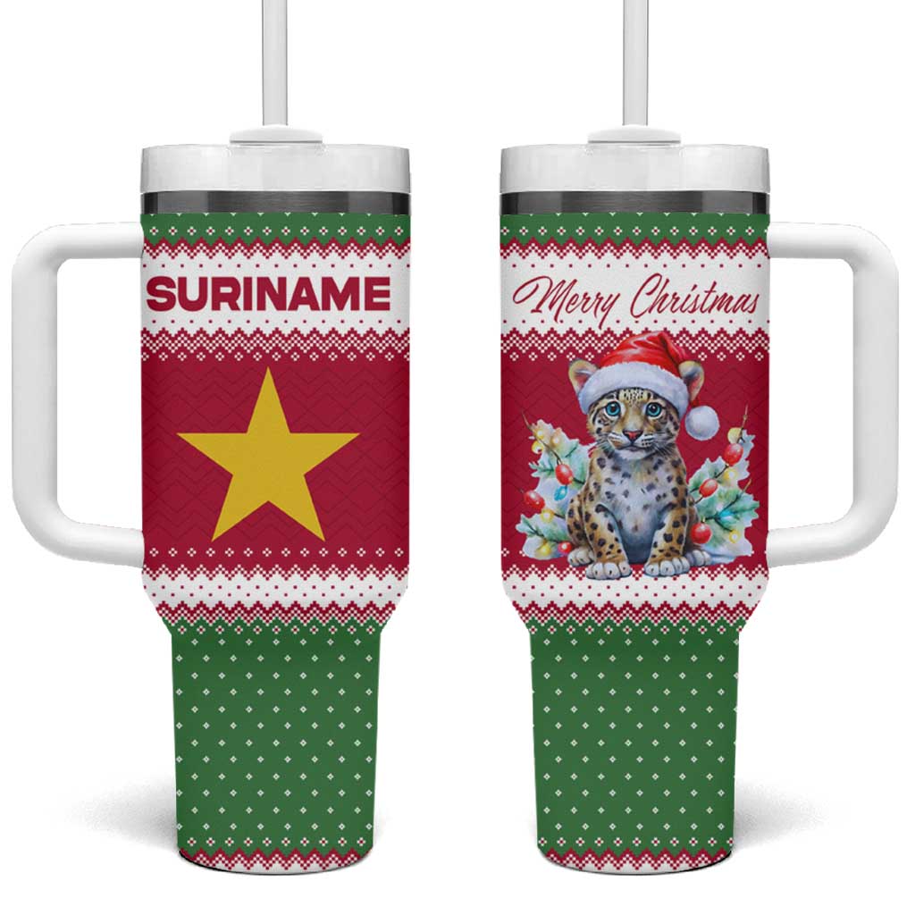 Suriname Christmas Tumbler With Handle with Red-Green Knit Pattern, Yellow Star, and Santa Leopard Motif - Wonder Print Shop