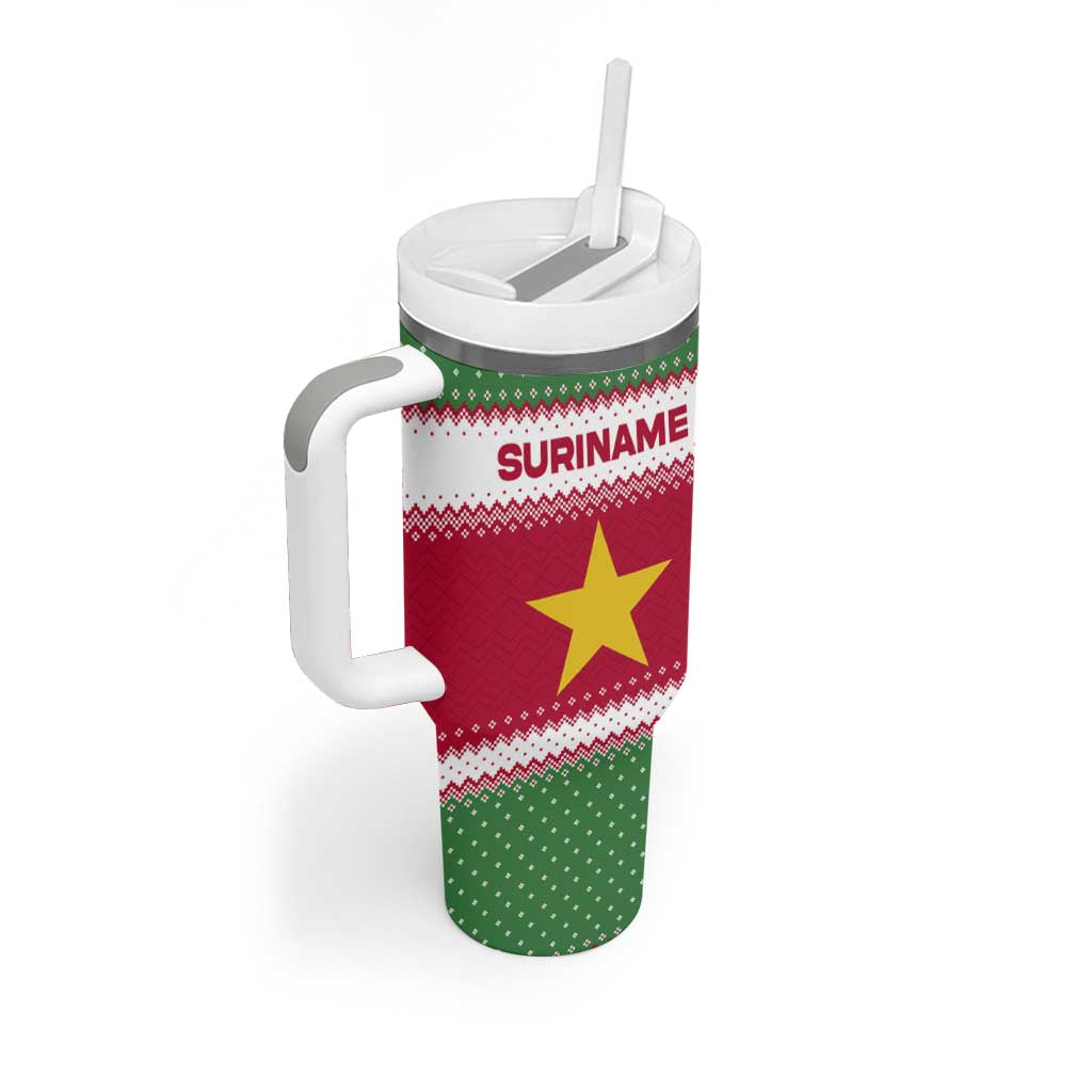 Suriname Christmas Tumbler With Handle with Red-Green Knit Pattern, Yellow Star, and Santa Leopard Motif - Wonder Print Shop