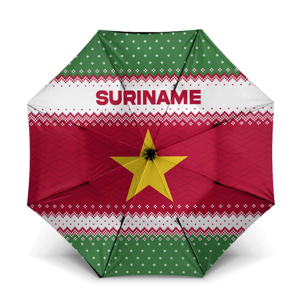 Suriname Christmas Umbrella with Red-Green Knit Pattern, Yellow Star, and Santa Leopard Motif - Wonder Print Shop