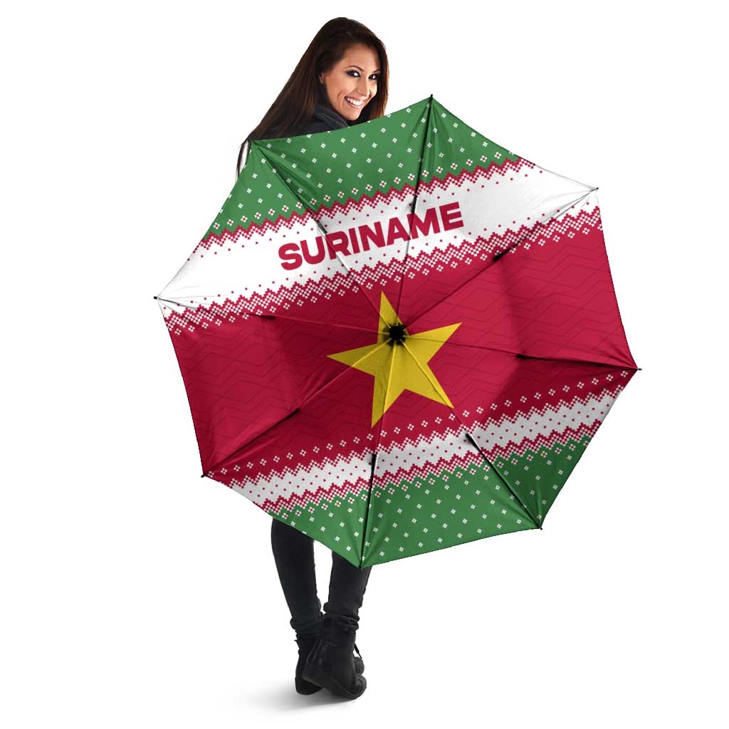 Suriname Christmas Umbrella with Red-Green Knit Pattern, Yellow Star, and Santa Leopard Motif - Wonder Print Shop