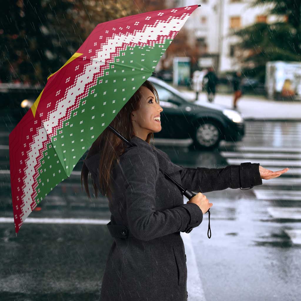 Suriname Christmas Umbrella with Red-Green Knit Pattern, Yellow Star, and Santa Leopard Motif - Wonder Print Shop