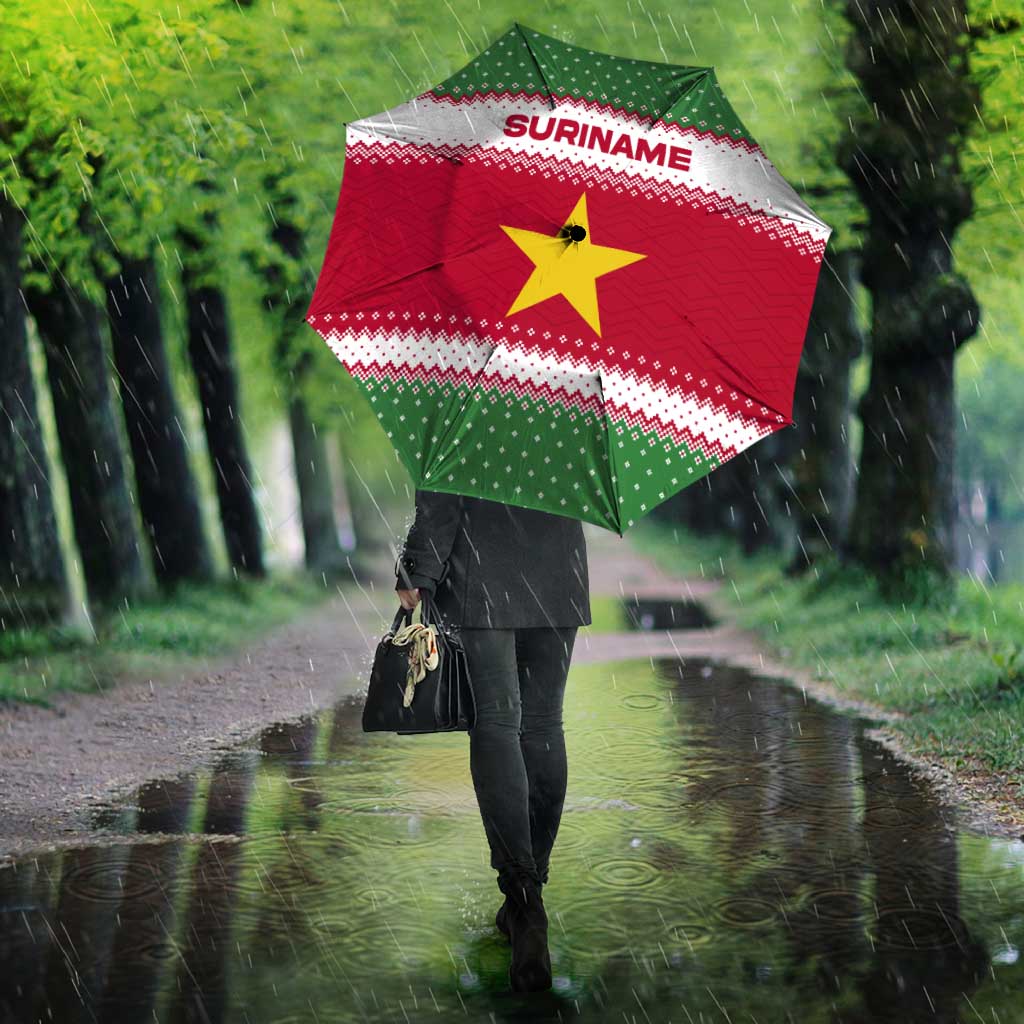 Suriname Christmas Umbrella with Red-Green Knit Pattern, Yellow Star, and Santa Leopard Motif - Wonder Print Shop