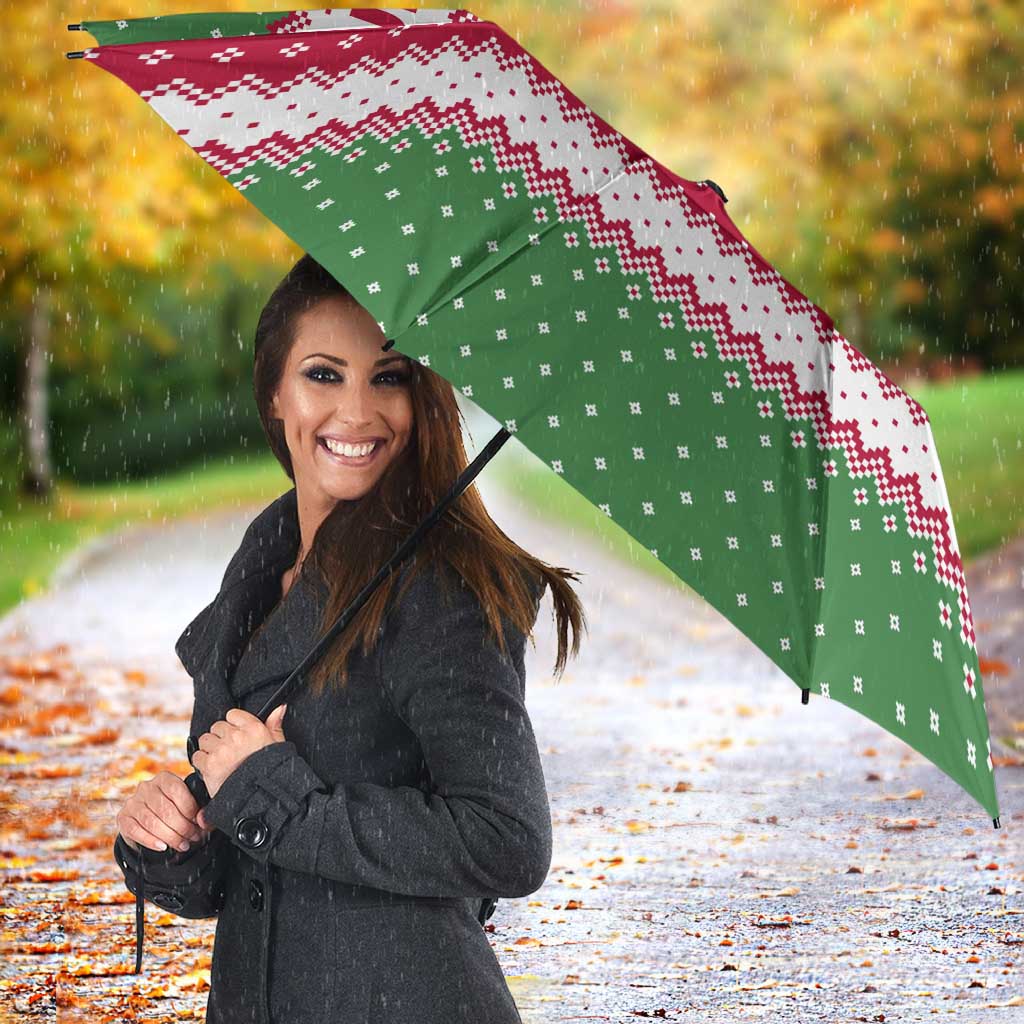 Suriname Christmas Umbrella with Red-Green Knit Pattern, Yellow Star, and Santa Leopard Motif - Wonder Print Shop