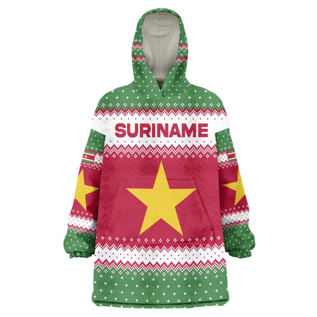 Suriname Christmas Wearable Blanket Hoodie with Red-Green Knit Pattern, Yellow Star, and Santa Leopard Motif - Wonder Print Shop
