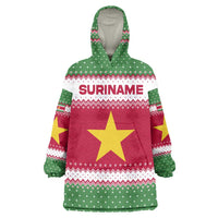 Suriname Christmas Wearable Blanket Hoodie with Red-Green Knit Pattern, Yellow Star, and Santa Leopard Motif - Wonder Print Shop