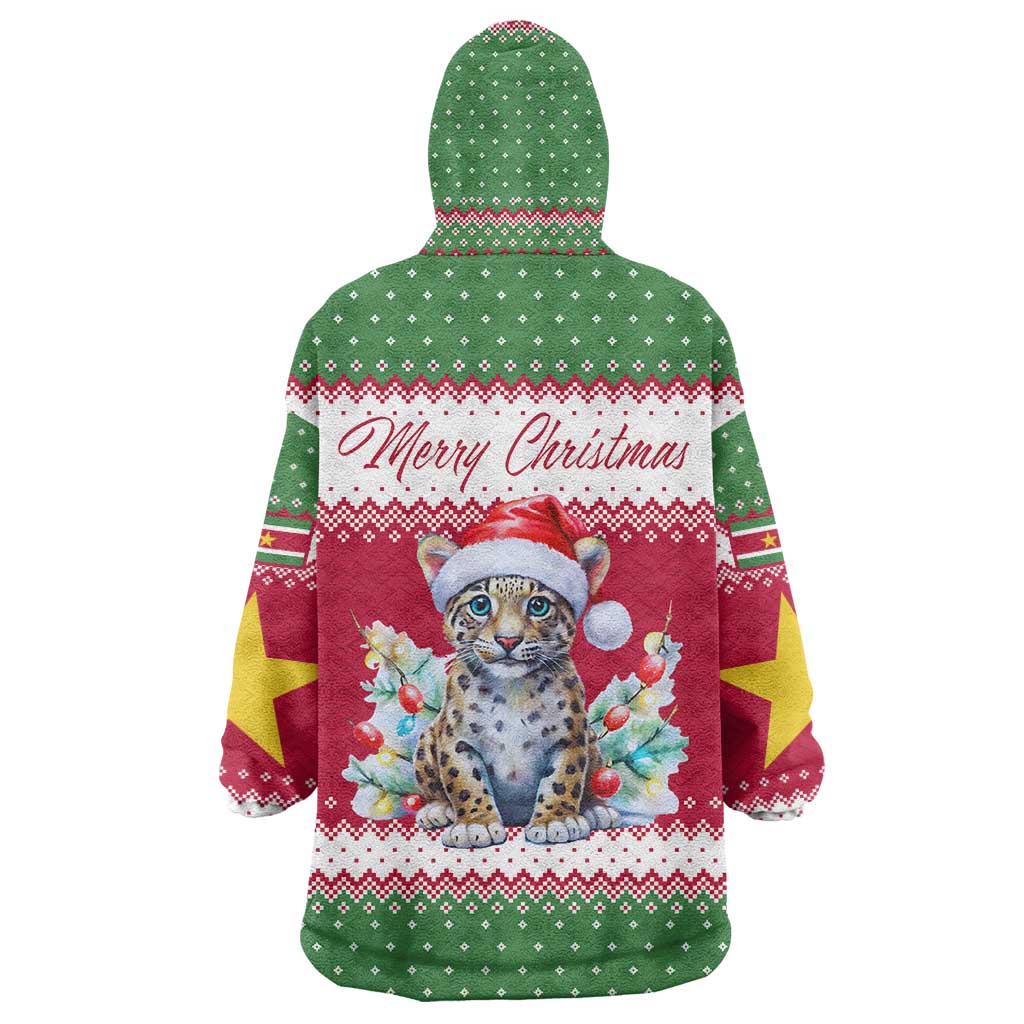 Suriname Christmas Wearable Blanket Hoodie with Red-Green Knit Pattern, Yellow Star, and Santa Leopard Motif - Wonder Print Shop