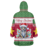 Suriname Christmas Wearable Blanket Hoodie with Red-Green Knit Pattern, Yellow Star, and Santa Leopard Motif - Wonder Print Shop