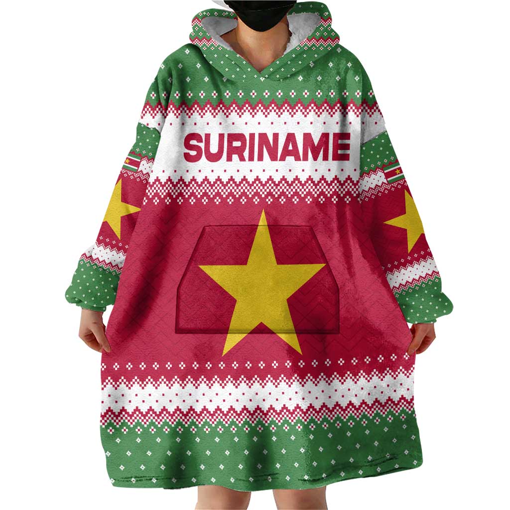 Suriname Christmas Wearable Blanket Hoodie with Red-Green Knit Pattern, Yellow Star, and Santa Leopard Motif - Wonder Print Shop