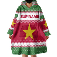 Suriname Christmas Wearable Blanket Hoodie with Red-Green Knit Pattern, Yellow Star, and Santa Leopard Motif - Wonder Print Shop