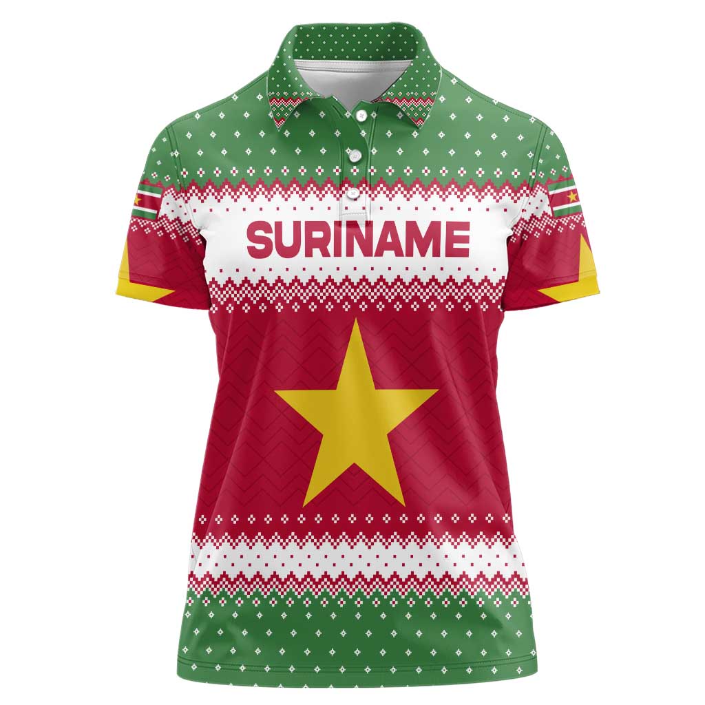 Suriname Christmas Women Polo Shirt with Red-Green Knit Pattern, Yellow Star, and Santa Leopard Motif - Wonder Print Shop
