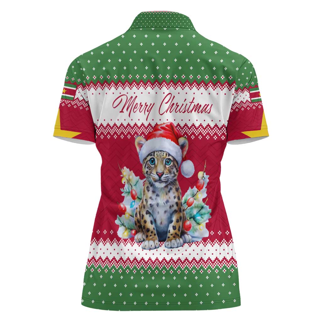 Suriname Christmas Women Polo Shirt with Red-Green Knit Pattern, Yellow Star, and Santa Leopard Motif - Wonder Print Shop