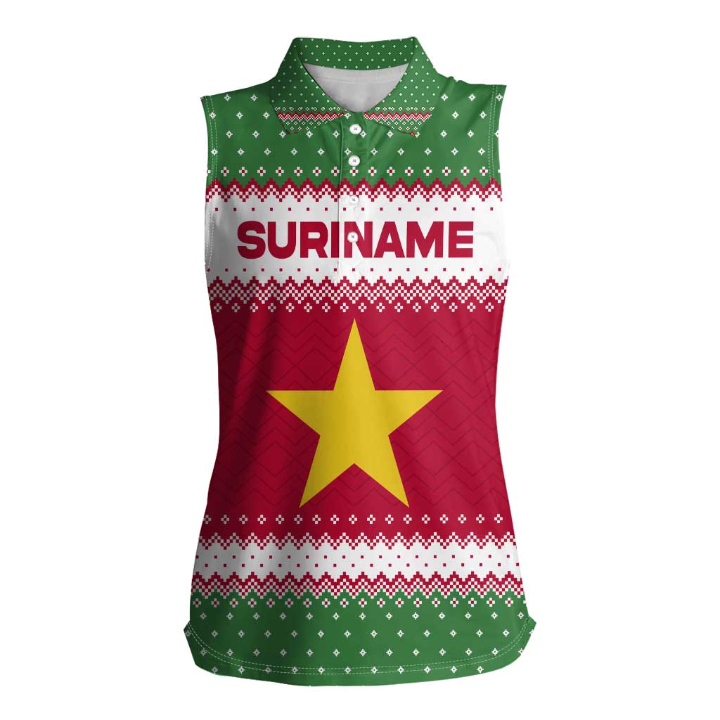 Suriname Christmas Women Sleeveless Polo Shirt with Red-Green Knit Pattern, Yellow Star, and Santa Leopard Motif - Wonder Print Shop
