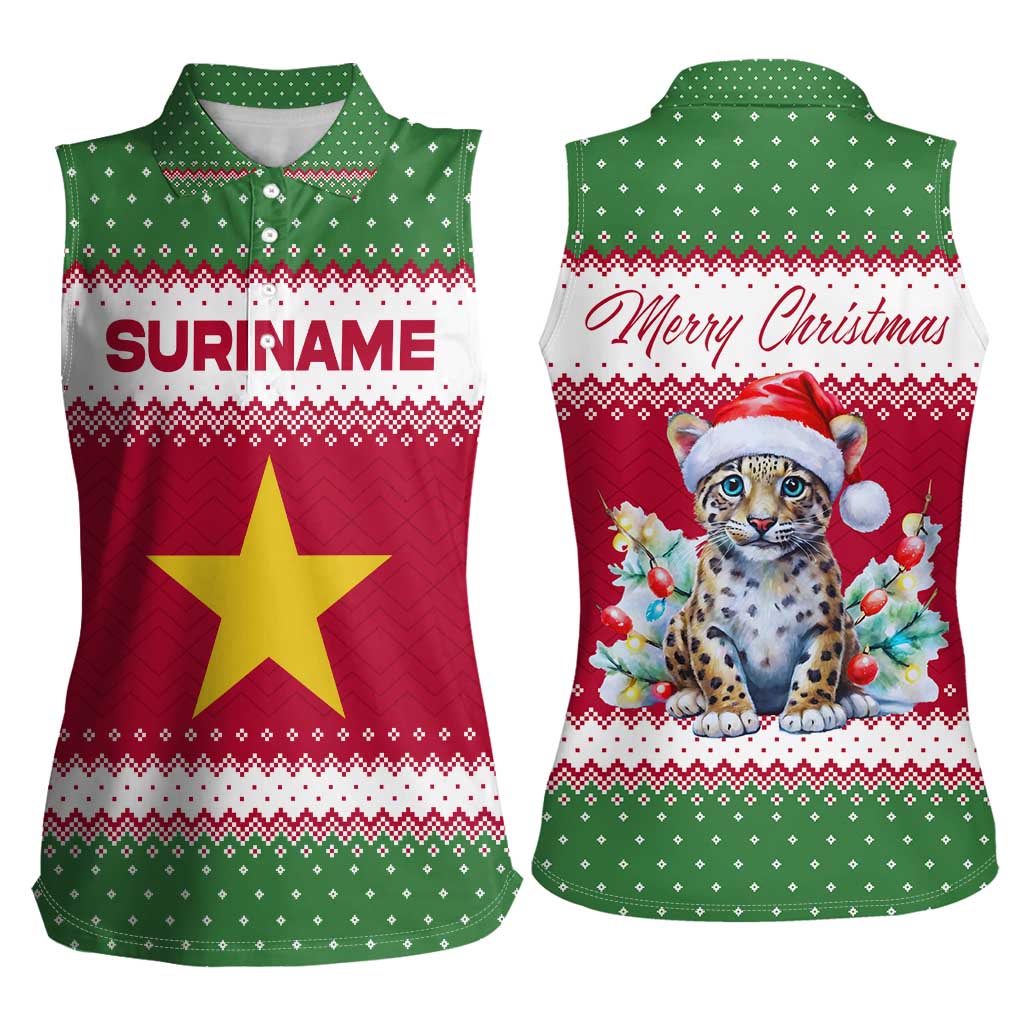 Suriname Christmas Women Sleeveless Polo Shirt with Red-Green Knit Pattern, Yellow Star, and Santa Leopard Motif - Wonder Print Shop